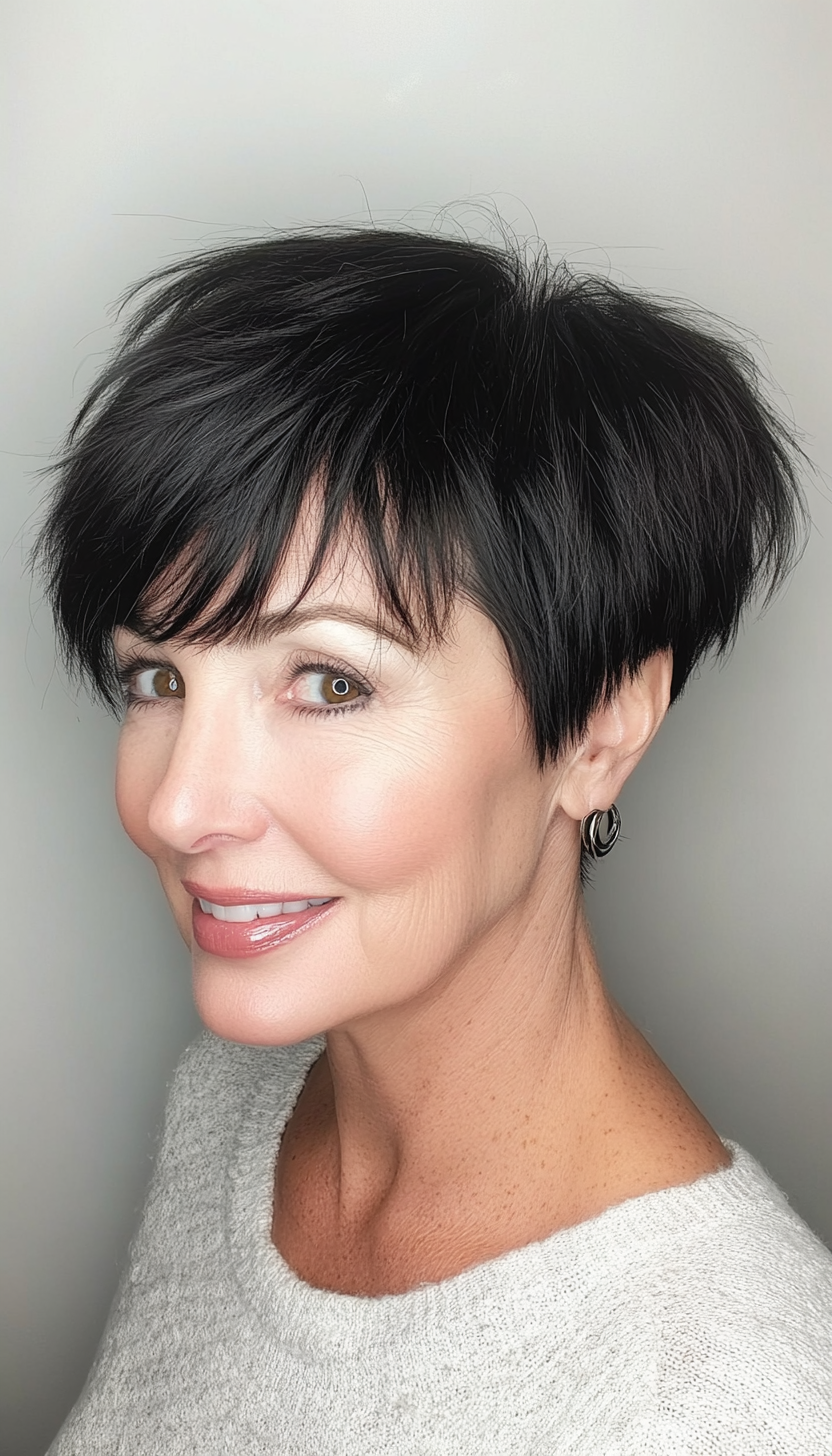 6. Textured Pixie with Long Bangs in Black (Short Hairstyles For Women Over 50 With Thin Hair) - Short Hairstyles For Women Over 50 With Thin Hair
