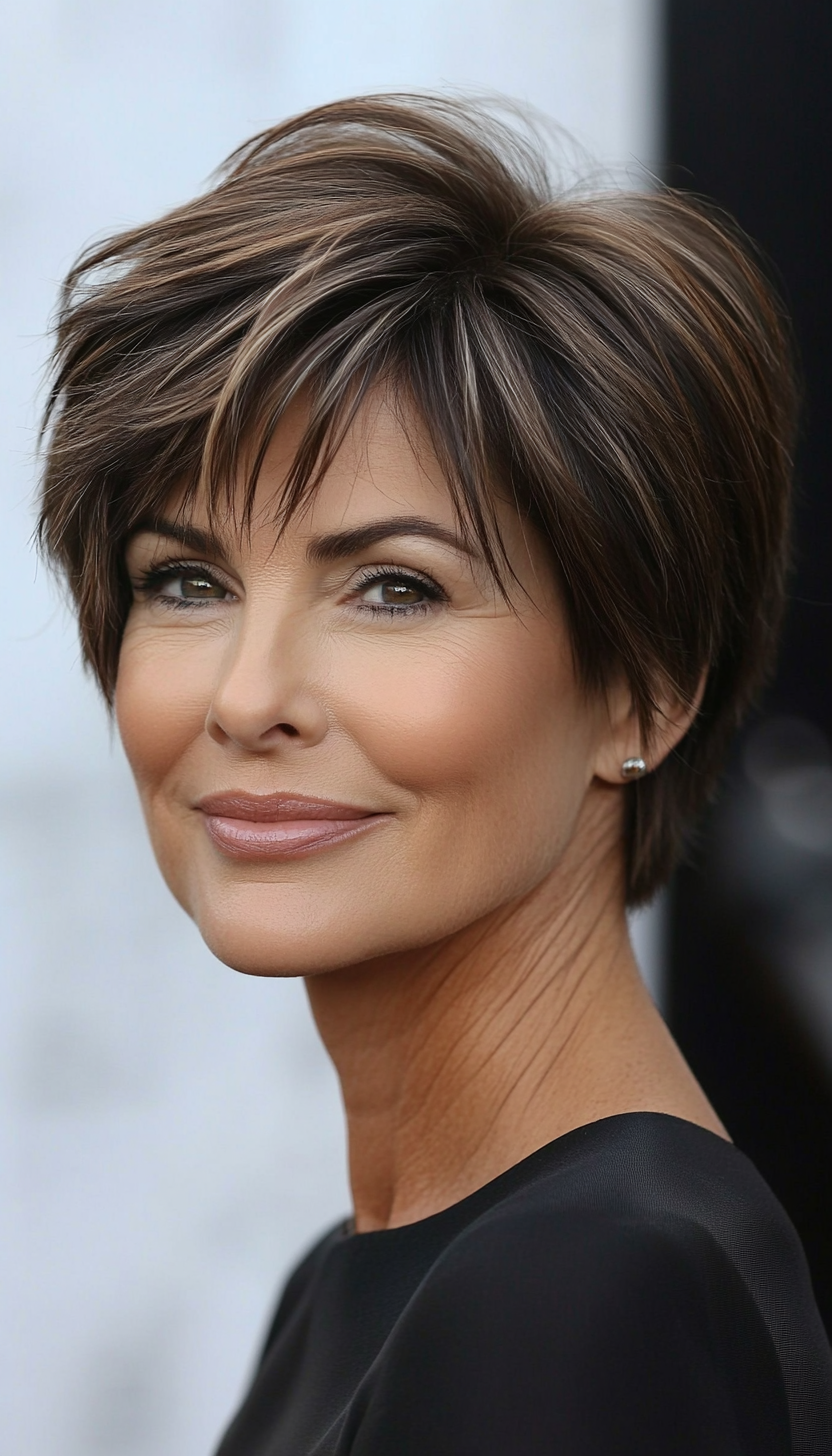7. Layered Crop with Highlights in Mocha Brown (Short Hairstyles For Women Over 50 With Thin Hair) - Short Hairstyles For Women Over 50 With Thin Hair