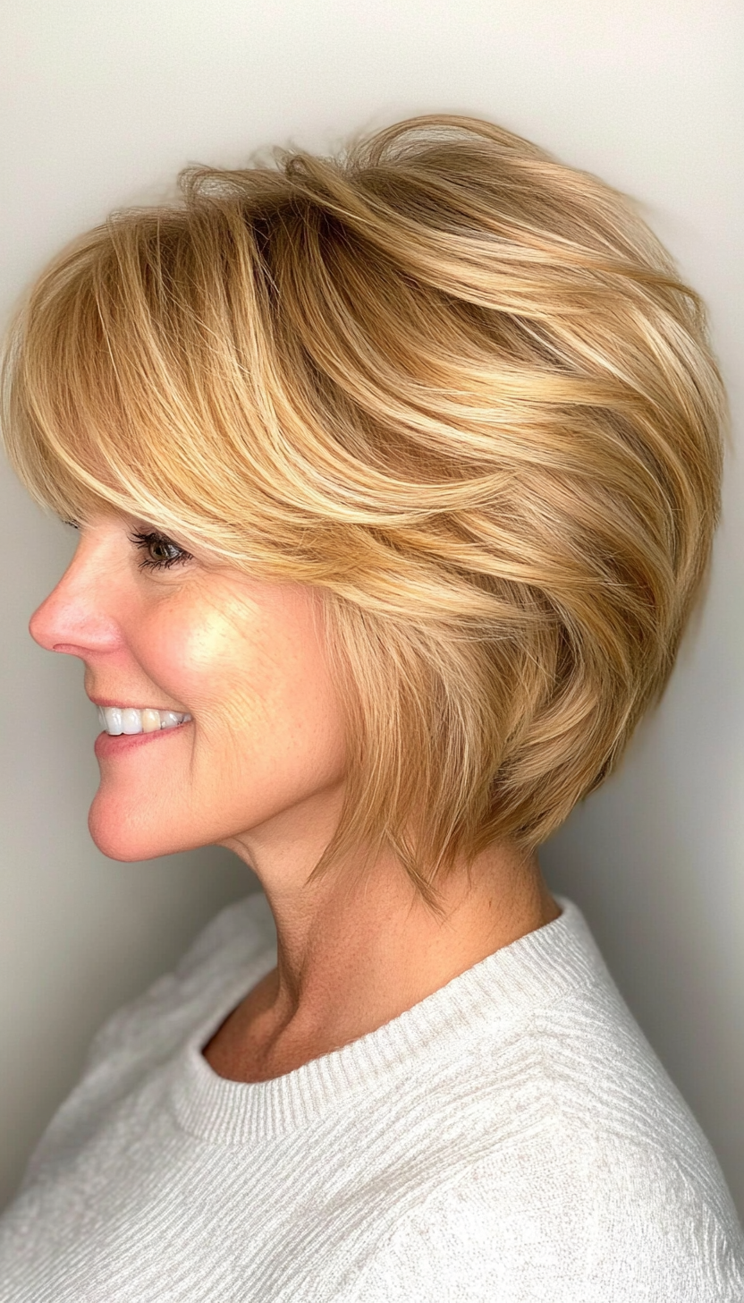 9. Short Shag with Curtain Bangs in Golden Blonde (Short Hairstyles For Women Over 50 With Thin Hair) - Short Hairstyles For Women Over 50 With Thin Hair