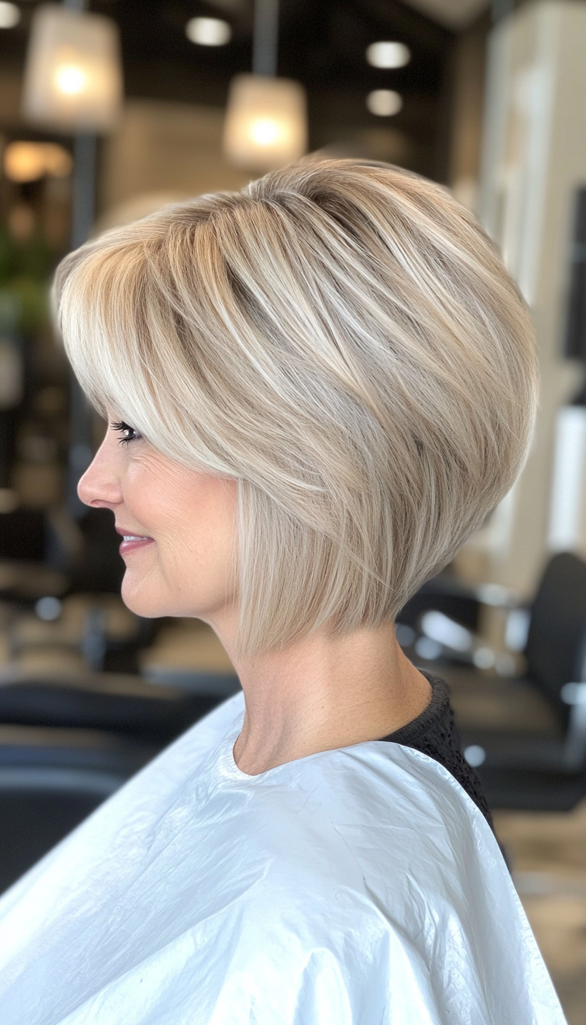 10. Stacked Bob in Sandy Blonde (Short Hairstyles For Women Over 50 With Thin Hair) - Short Hairstyles For Women Over 50 With Thin Hair