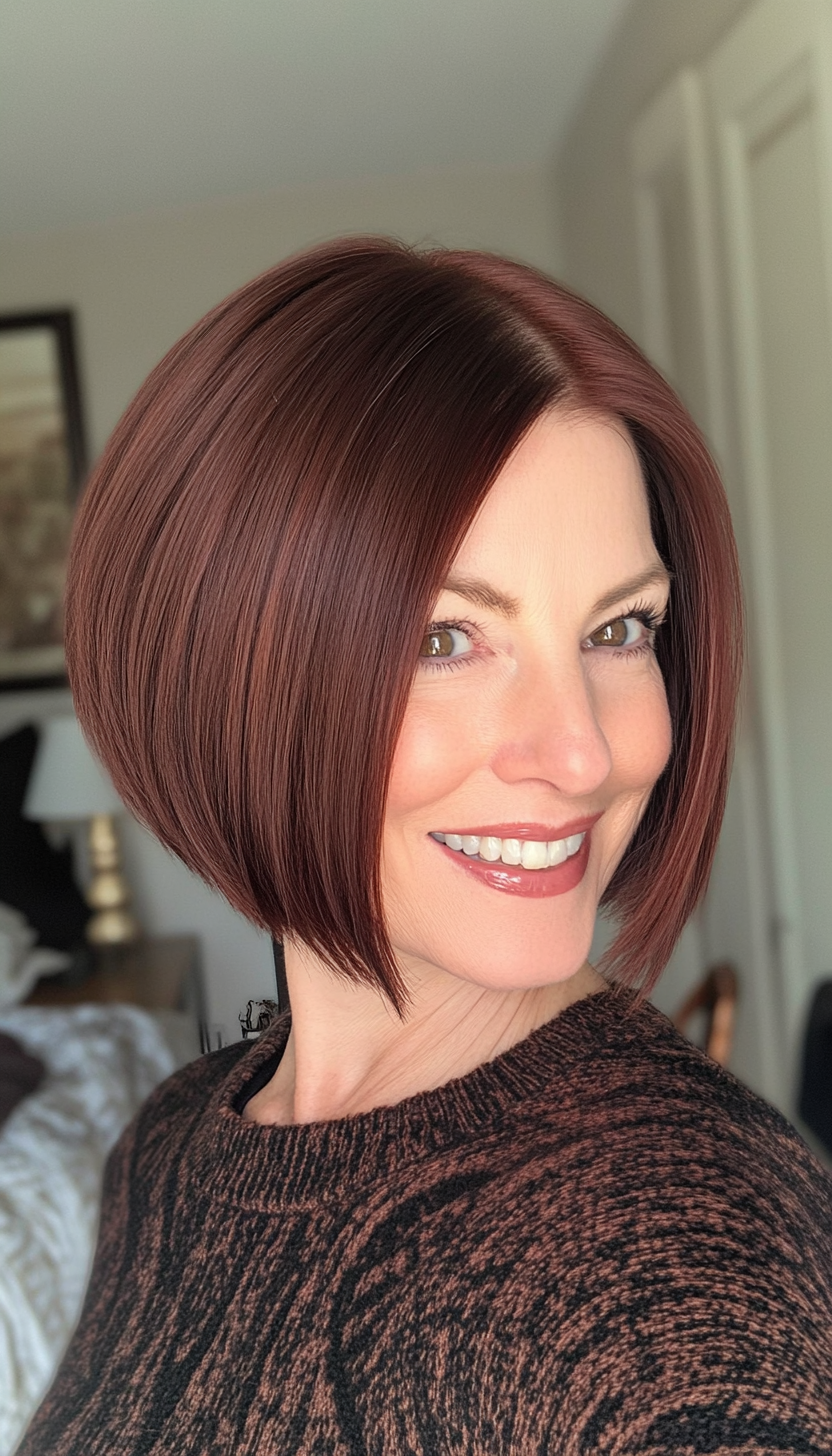 11. Short Blunt Bob in Dark Auburn (Short Hairstyles For Women Over 50 With Thin Hair) - Short Hairstyles For Women Over 50 With Thin Hair