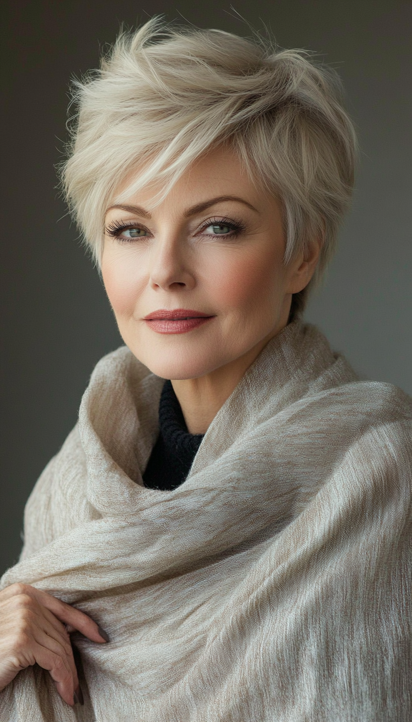 12. Layered Pixie in Light Ash Blonde (Short Hairstyles For Women Over 50 With Thin Hair) - Short Hairstyles For Women Over 50 With Thin Hair