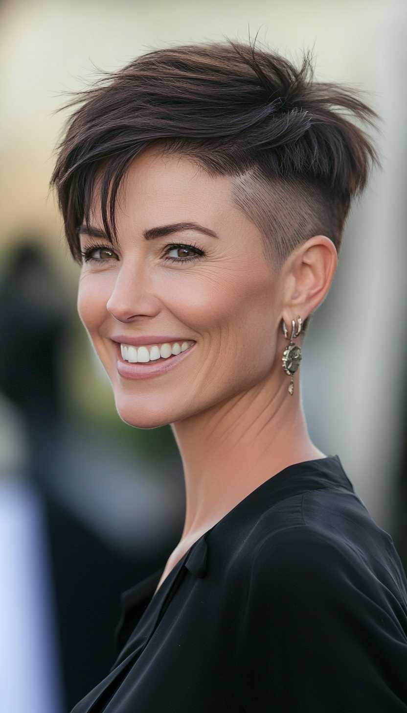 13. Undercut Pixie in Dark Brown (Short Hairstyles For Women Over 50 With Thin Hair) - Short Hairstyles For Women Over 50 With Thin Hair