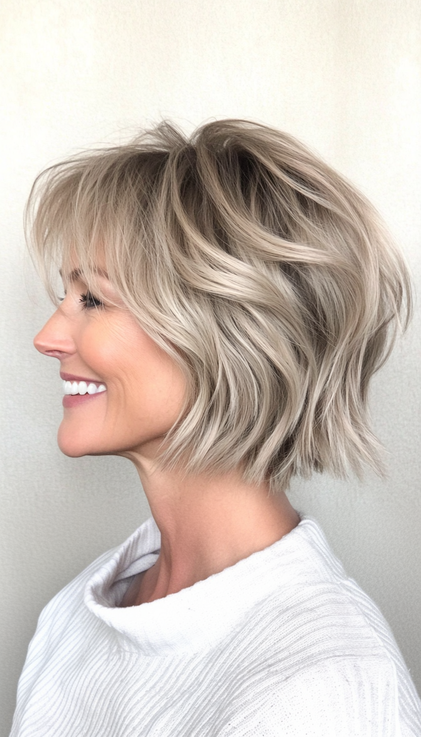 15. Messy Bob with Bangs in Neutral Blonde (Short Hairstyles For Women Over 50 With Thin Hair) - Short Hairstyles For Women Over 50 With Thin Hair