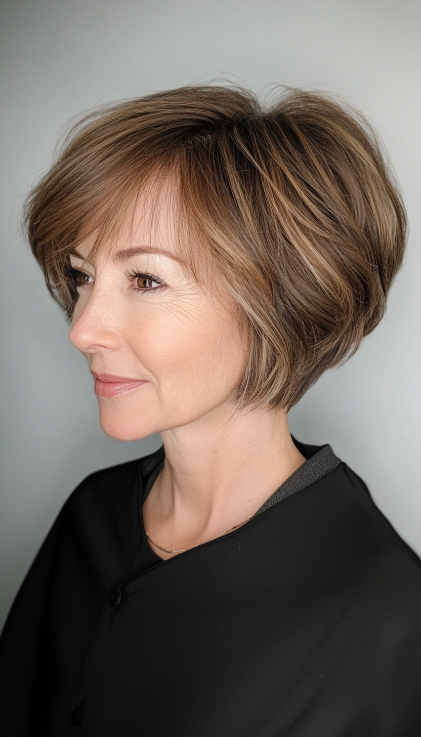 16. Graduated Bob in Light Chestnut (Short Hairstyles For Women Over 50 With Thin Hair) - Short Hairstyles For Women Over 50 With Thin Hair