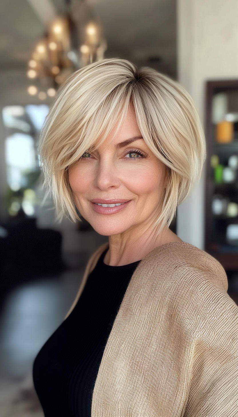 18. Choppy Bob with Side Bangs in Dark Blonde (Short Hairstyles For Women Over 50 With Thin Hair) - Short Hairstyles For Women Over 50 With Thin Hair
