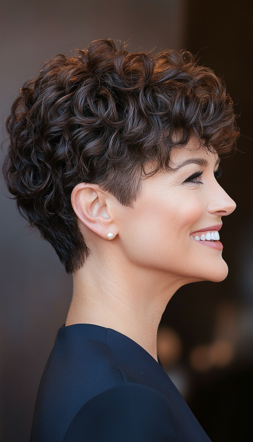20. Curly Pixie in Rich Espresso (Short Hairstyles For Women Over 50 With Thin Hair) - Short Hairstyles For Women Over 50 With Thin Hair