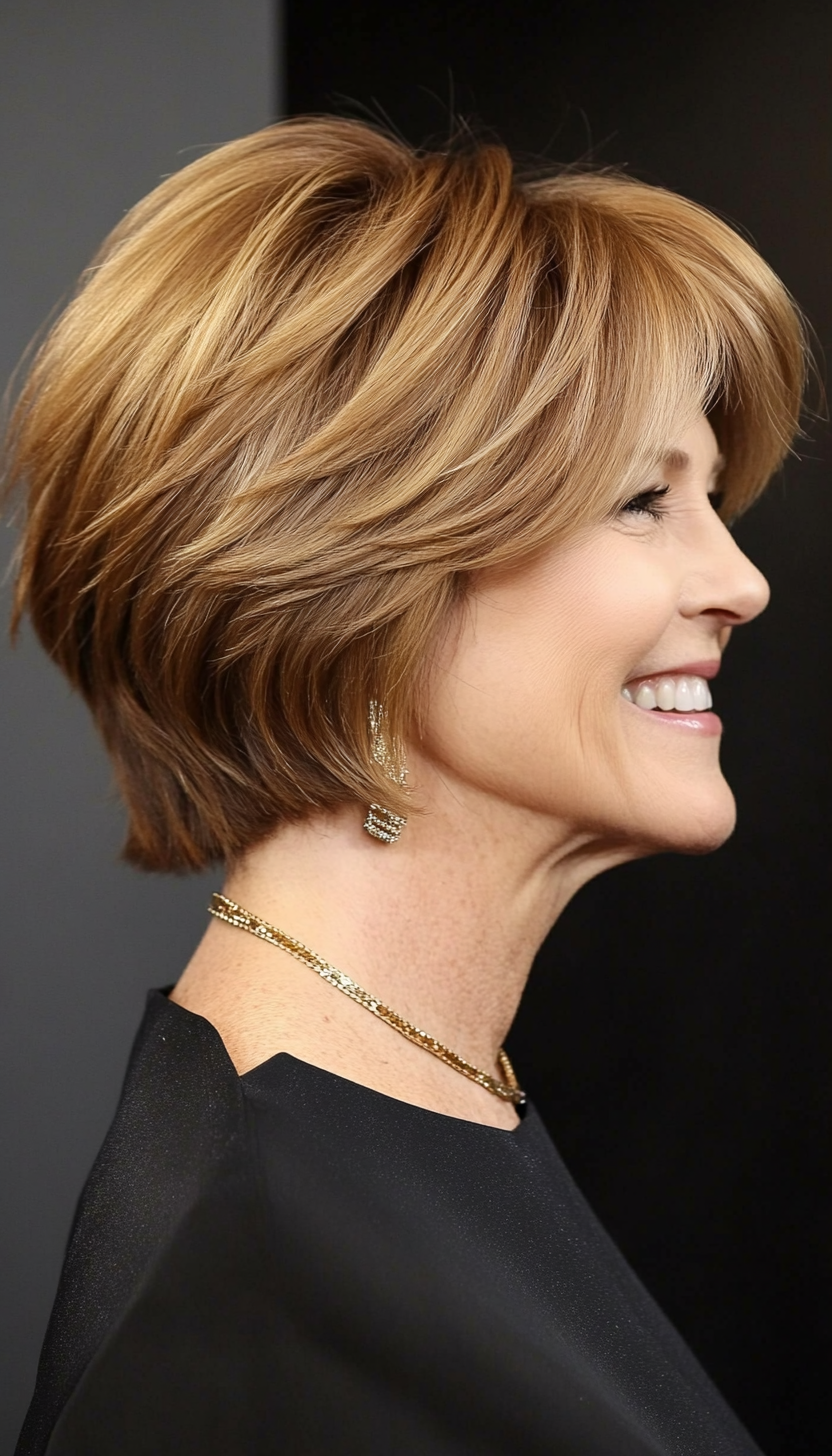 21. Asymmetrical Bob in Golden Brown (Short Hairstyles For Women Over 50 With Thin Hair) - Short Hairstyles For Women Over 50 With Thin Hair
