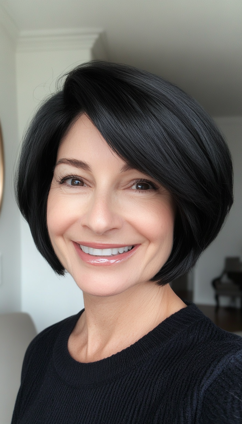 22. Classic French Bob in Jet Black (Short Hairstyles For Women Over 50 With Thin Hair) - Short Hairstyles For Women Over 50 With Thin Hair