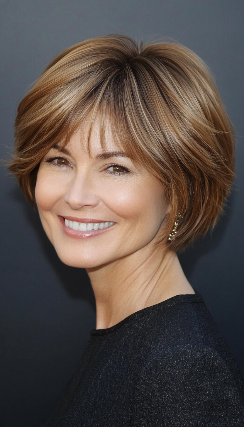 24. Short Layered Bob in Honey Brown (Short Hairstyles For Women Over 50 With Thin Hair) - Short Hairstyles For Women Over 50 With Thin Hair
