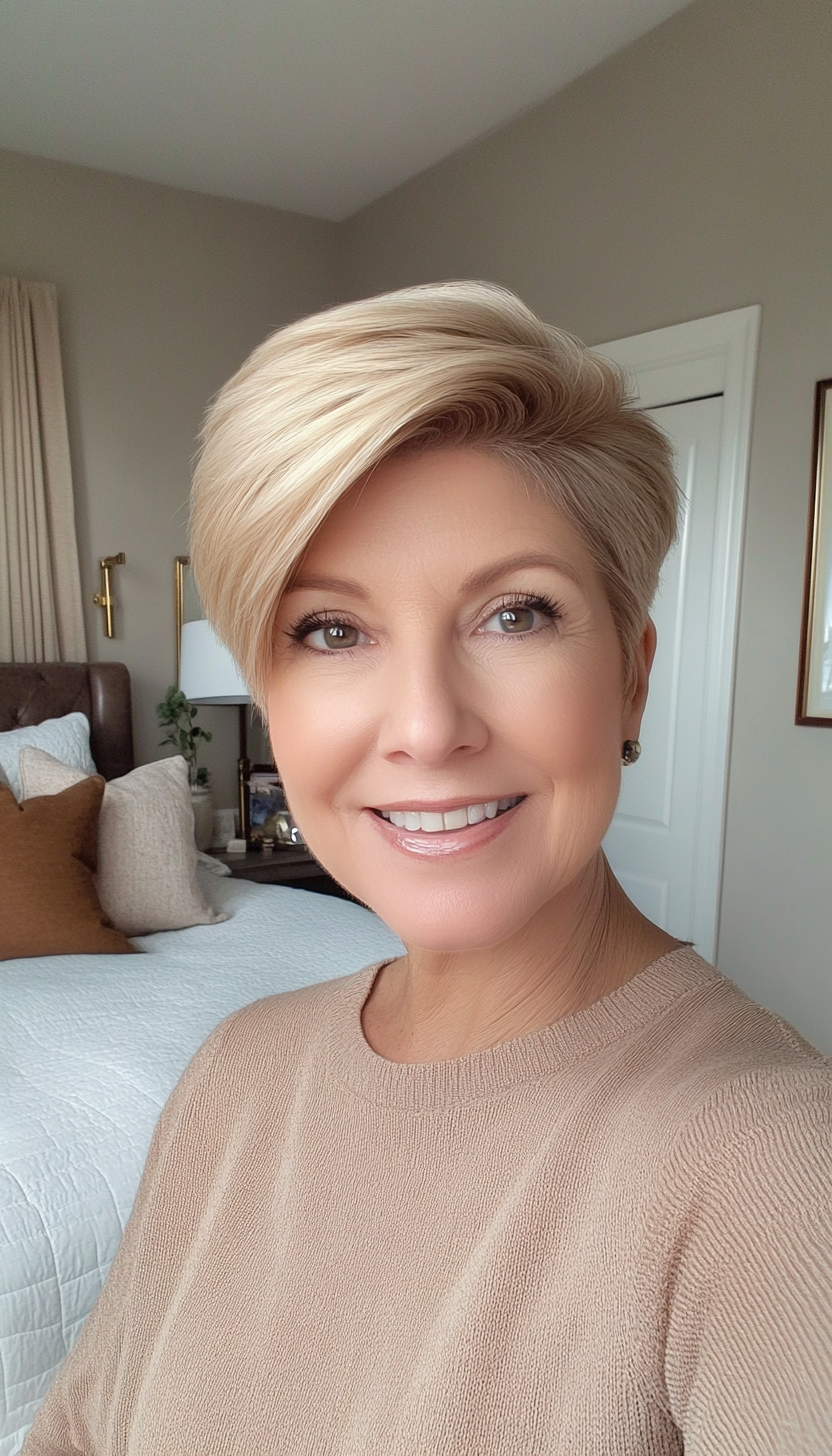 25. Swept-Back Pixie in Warm Beige Blonde (Short Hairstyles For Women Over 50 With Thin Hair) - Short Hairstyles For Women Over 50 With Thin Hair