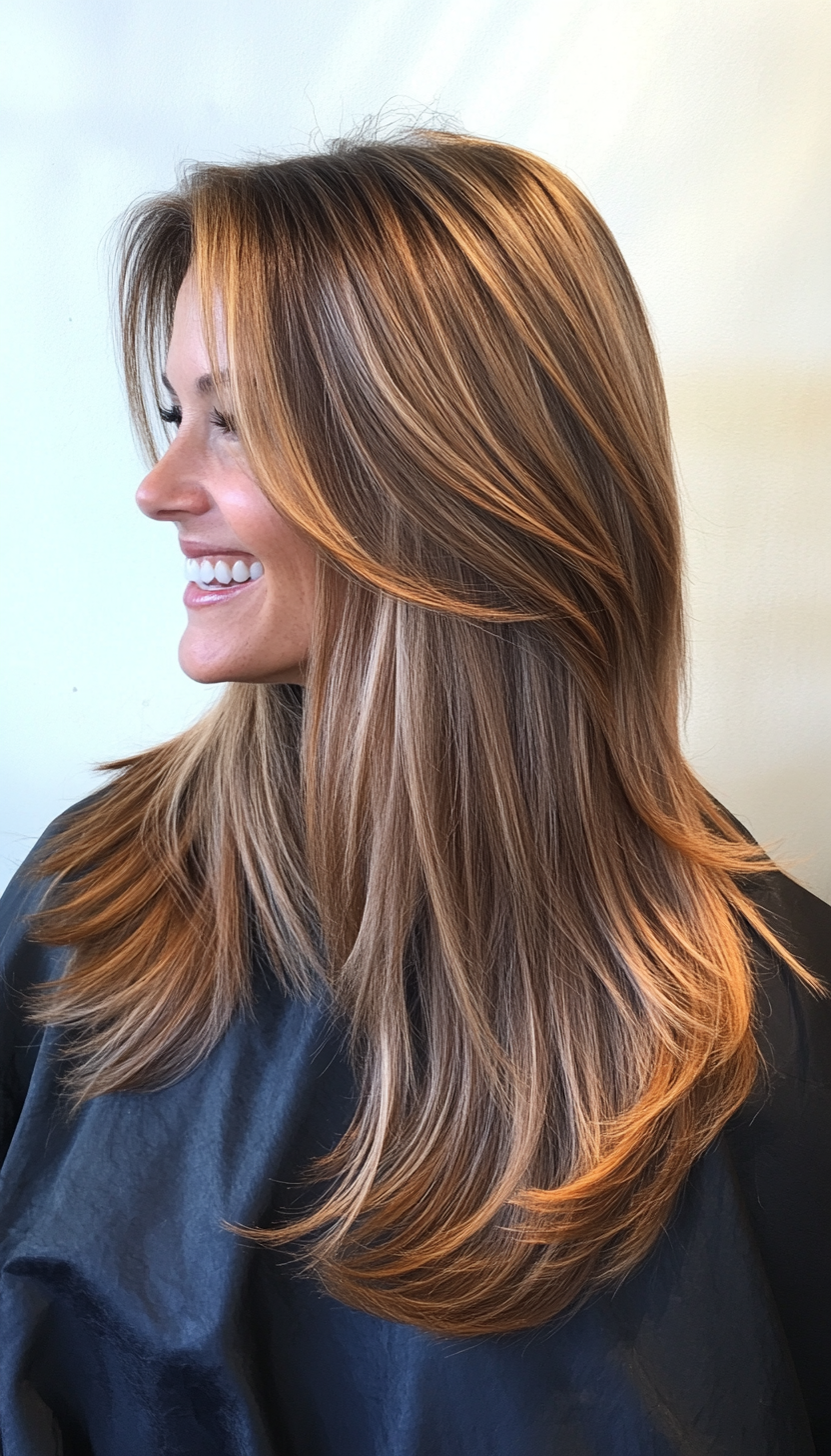 5. Curtain Bangs with Caramel Highlights (Long Haircuts For Fine Hair) - Long Haircuts For Fine Hair