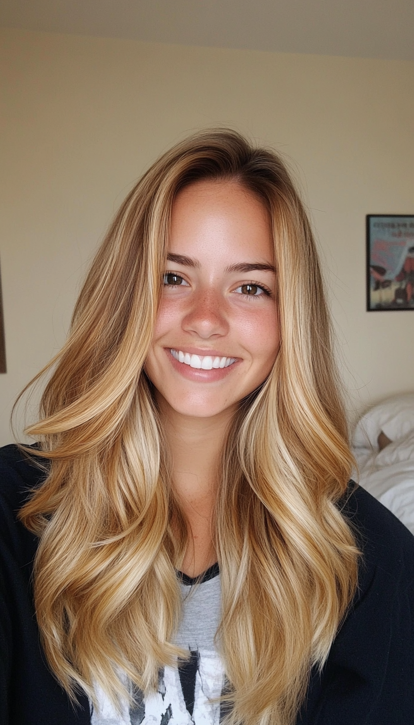 8. V-Cut with Golden Blonde Accents (Long Haircuts For Fine Hair) - Long Haircuts For Fine Hair