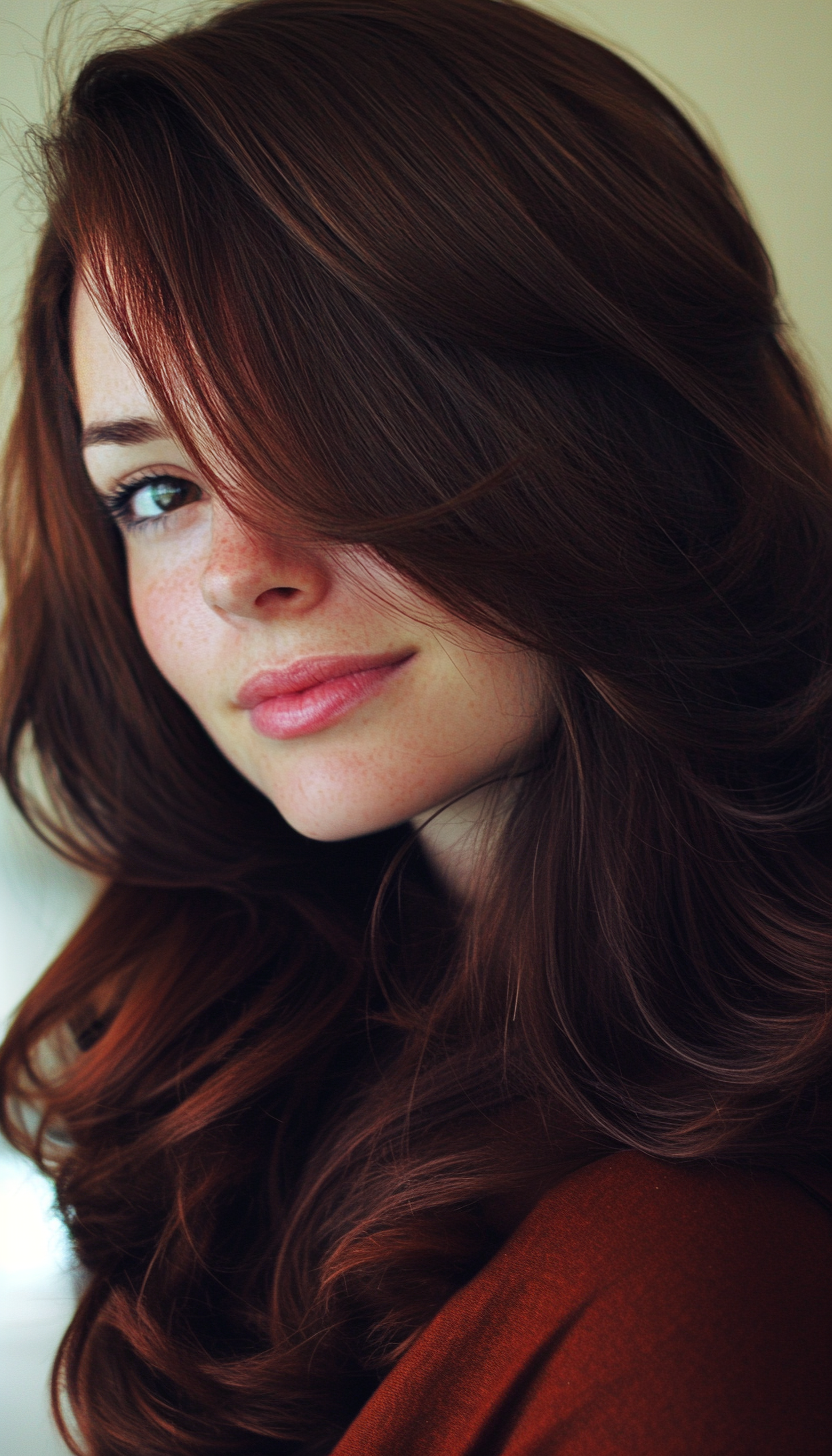 12. Side-Swept Layers in Deep Mahogany (Long Haircuts For Fine Hair) - Long Haircuts For Fine Hair