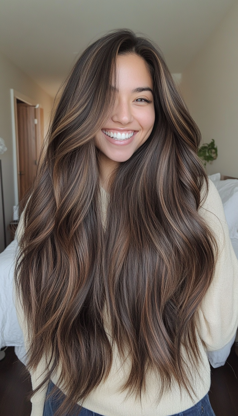 27. Diagonal Layers in Dark Walnut (Long Haircuts For Fine Hair) - Long Haircuts For Fine Hair