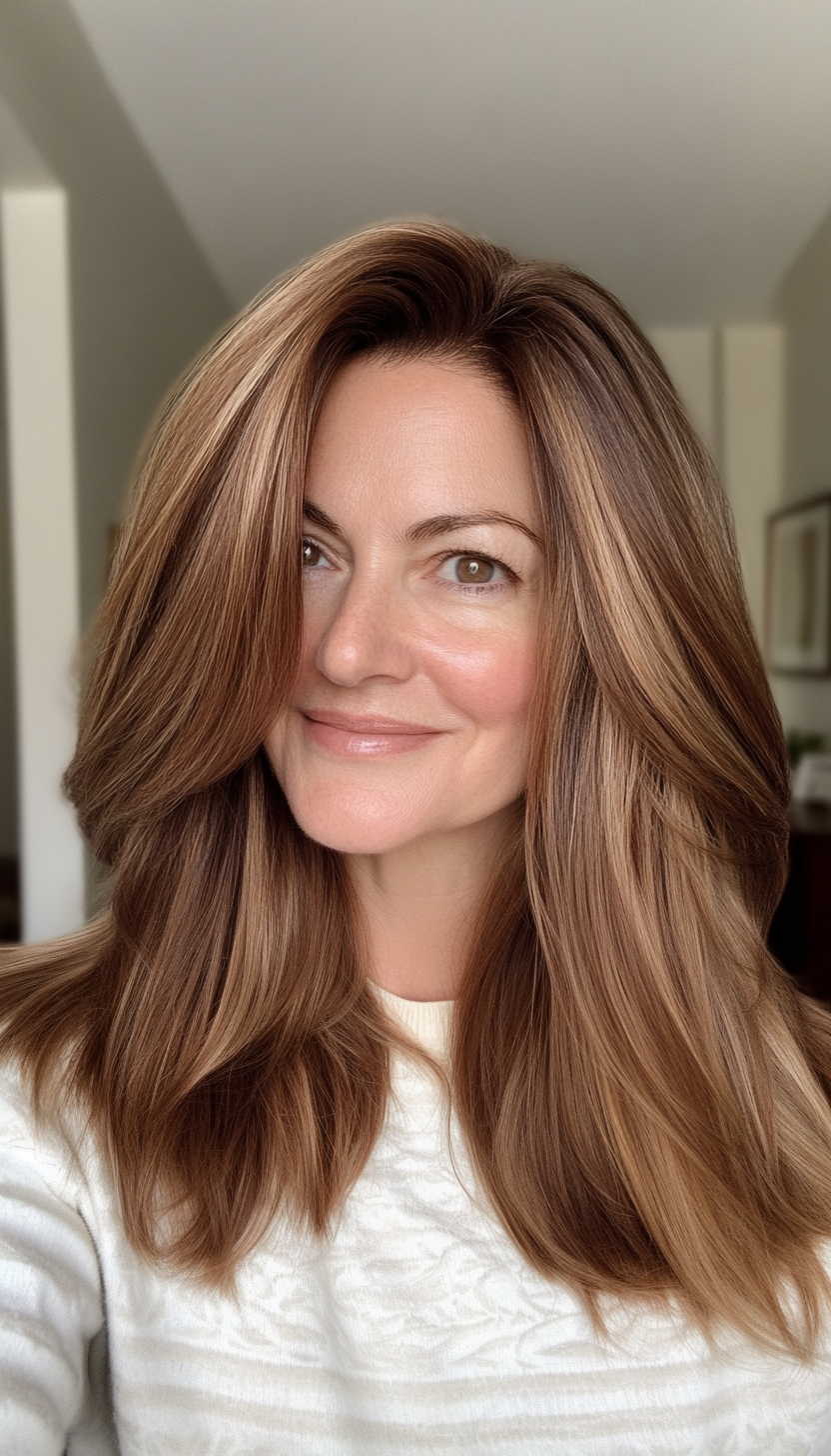 2. Shoulder-Length Layers with Warm Chestnut (Layered Hairstyles For Women Over 50) - Layered Hairstyles For Women Over 50