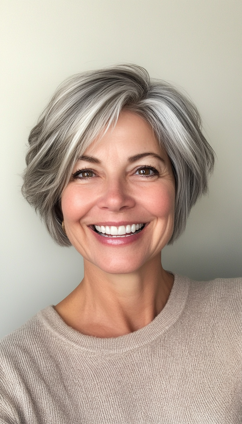 3. Chin-Length Graduated Layers with Salt-and-Pepper Tones (Layered Hairstyles For Women Over 50) - Layered Hairstyles For Women Over 50