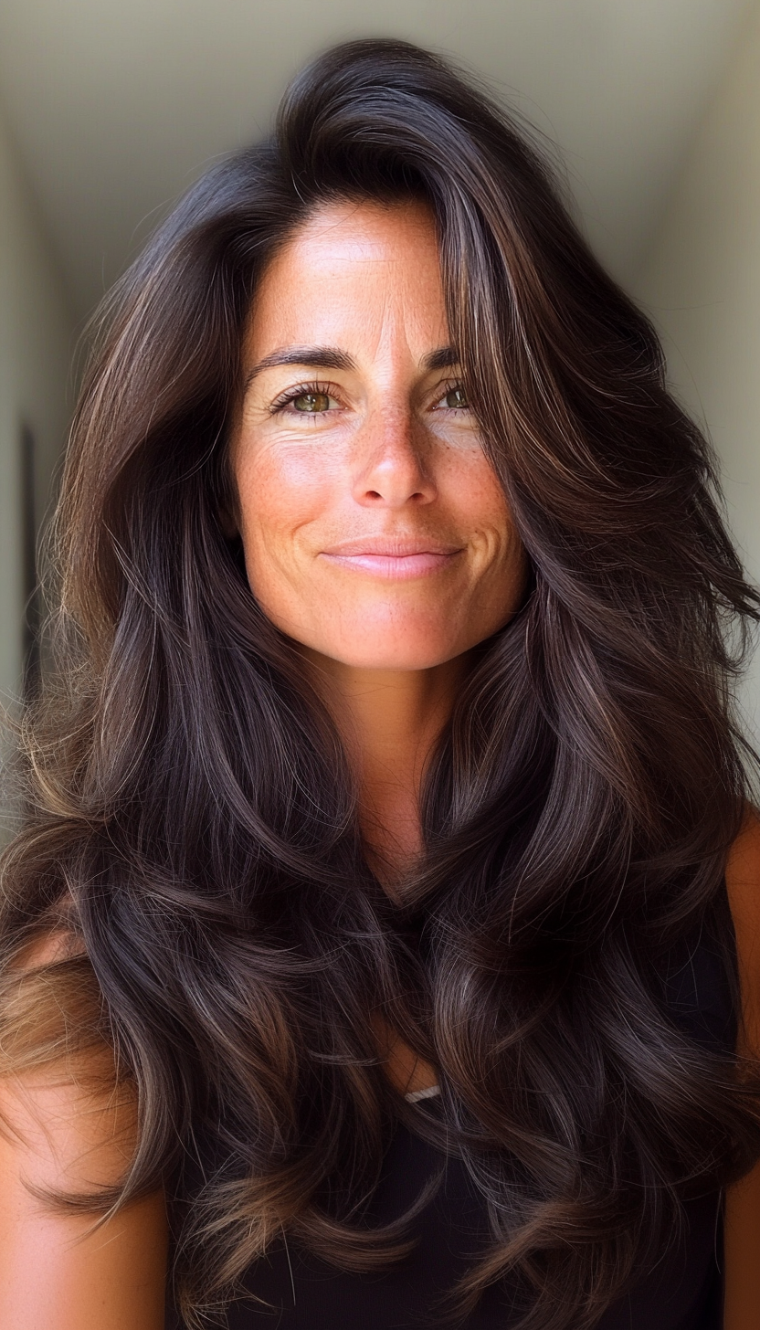 4. Long Layered Waves with Deep Brunette (Layered Hairstyles For Women Over 50) - Layered Hairstyles For Women Over 50