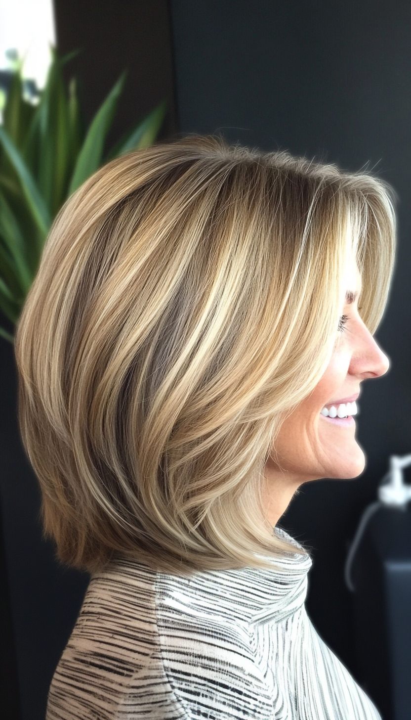5. Layered Bob with Ash Blonde Highlights (Layered Hairstyles For Women Over 50) - Layered Hairstyles For Women Over 50