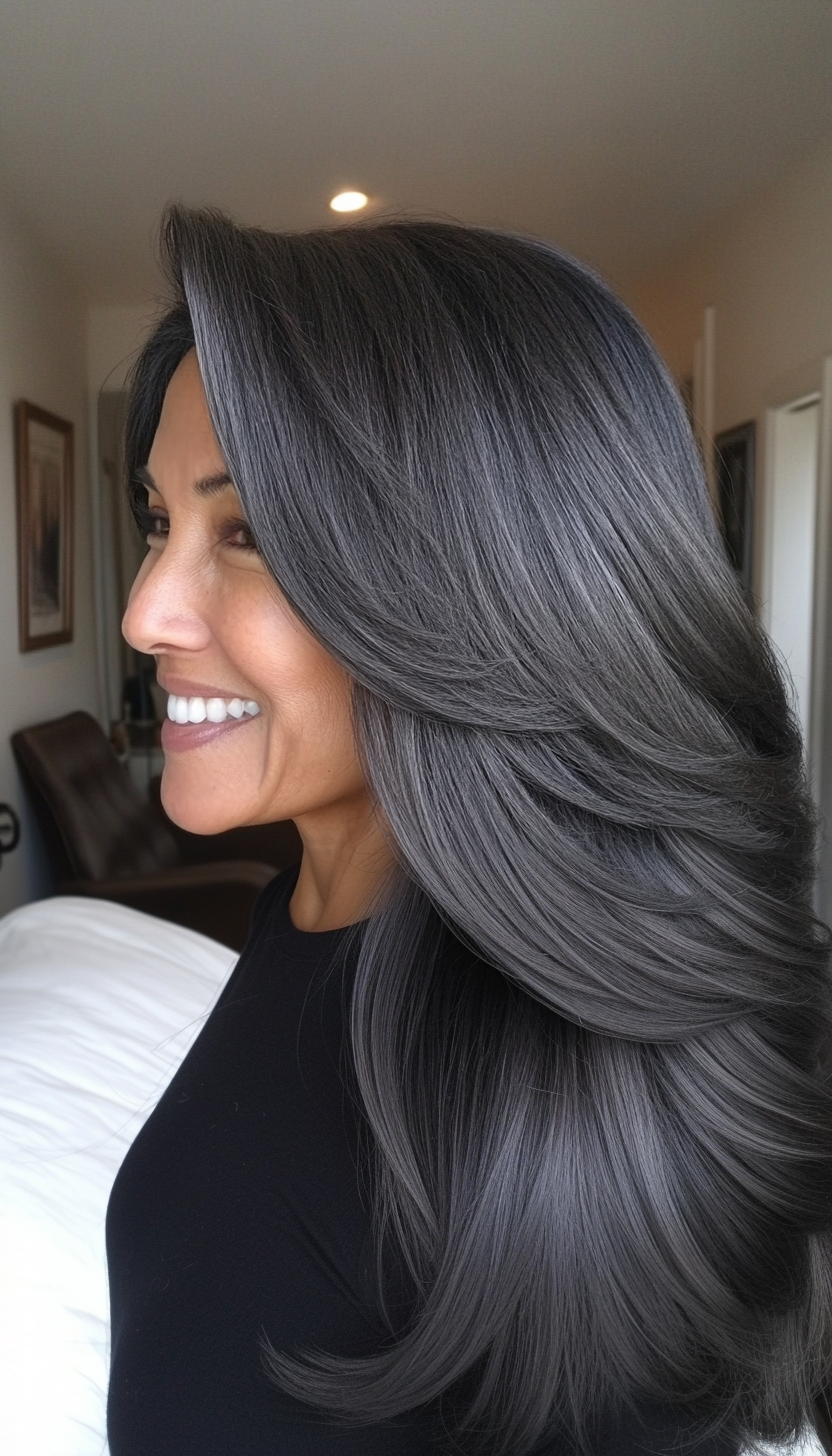 8. Long Tapered Layers with Rich Black (Layered Hairstyles For Women Over 50) - Layered Hairstyles For Women Over 50