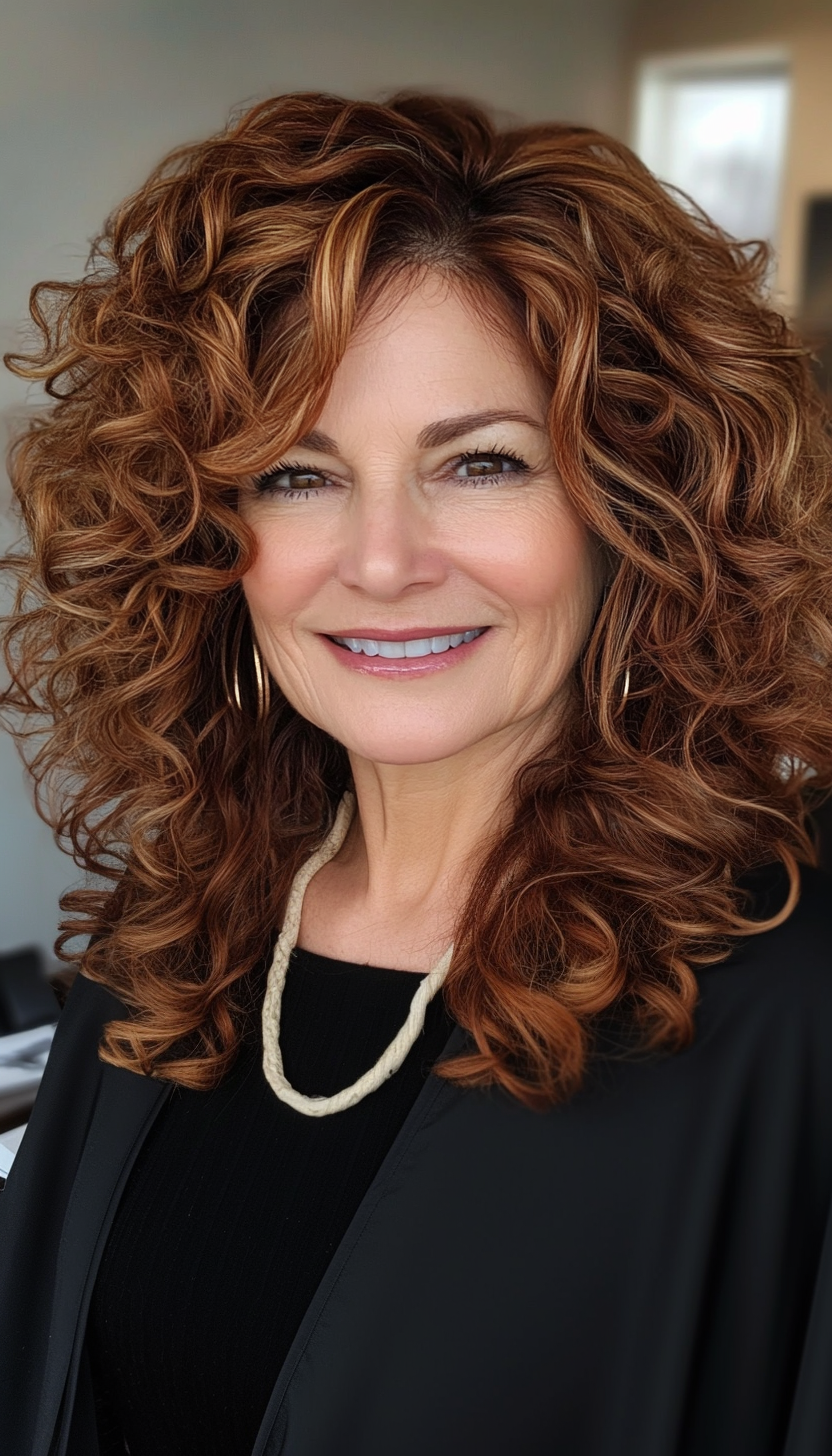 9. Curly Layers with Cinnamon Brown (Layered Hairstyles For Women Over 50) - Layered Hairstyles For Women Over 50