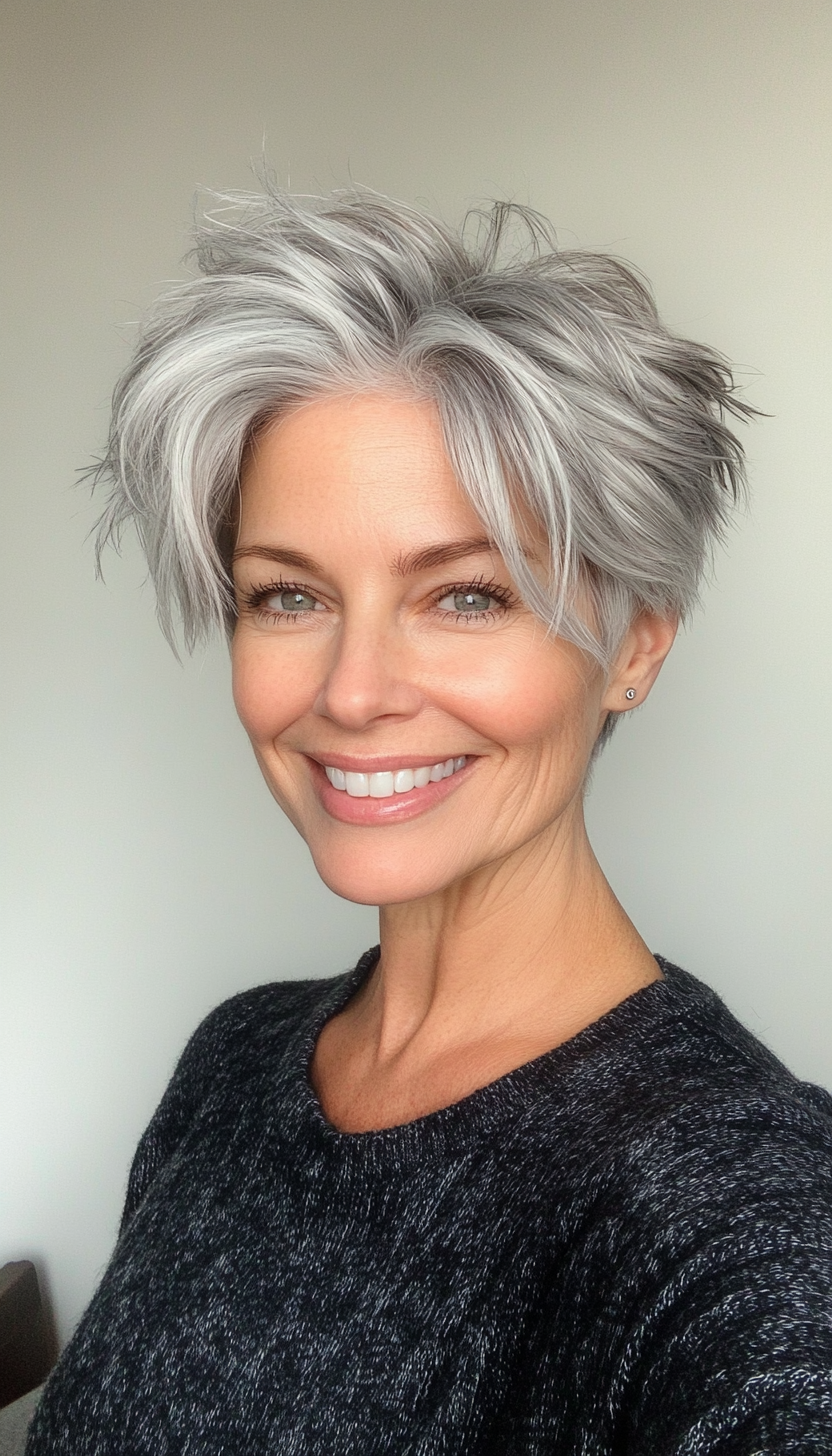 14. Layered Pixie with Frosted Tips in Natural Silver (Layered Hairstyles For Women Over 50) - Layered Hairstyles For Women Over 50