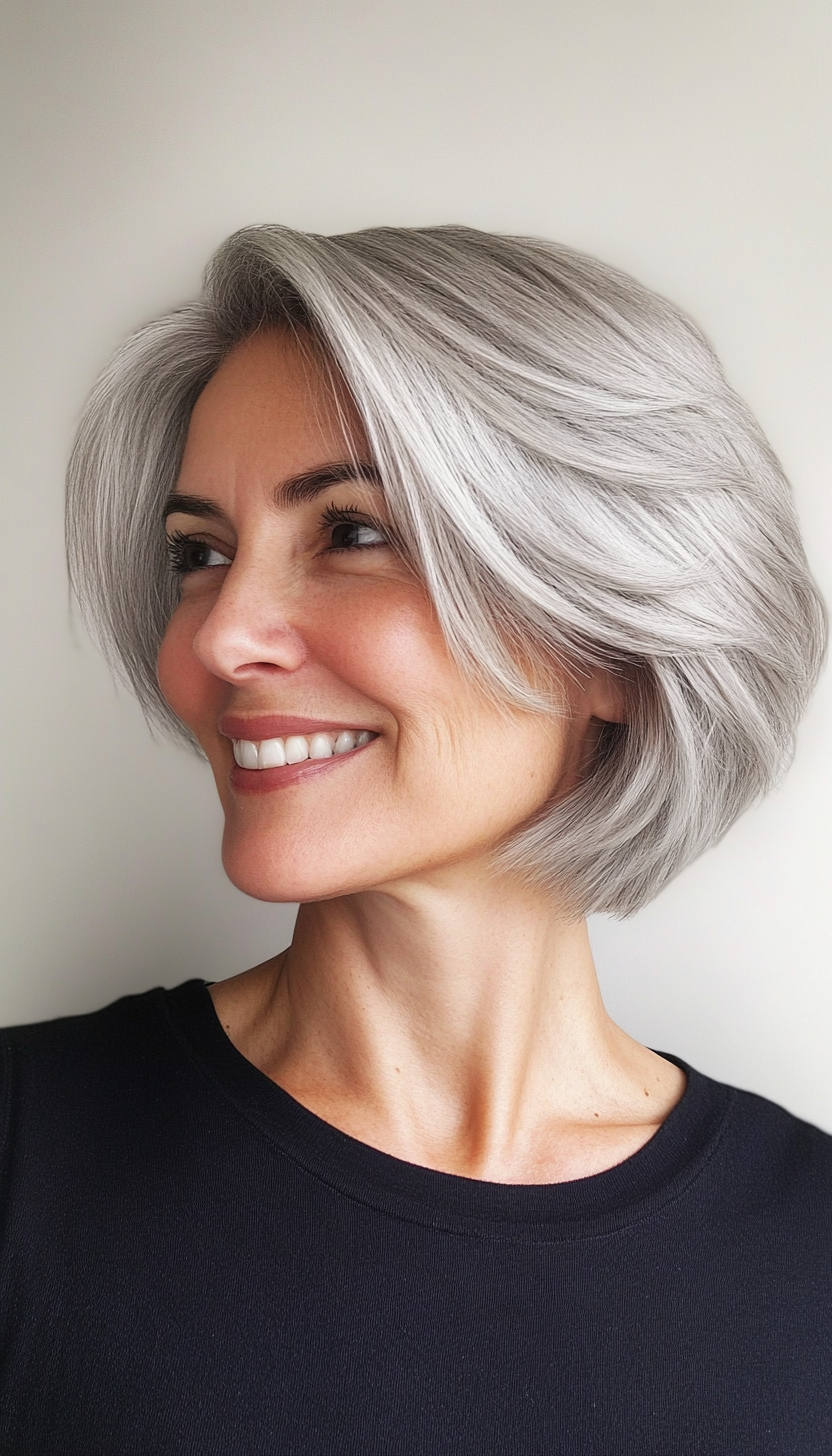 17. Short Layers with Platinum Gray (Layered Hairstyles For Women Over 50) - Layered Hairstyles For Women Over 50