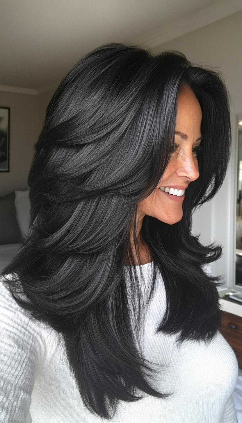 20. Voluminous Layers with Natural Jet Black (Layered Hairstyles For Women Over 50) - Layered Hairstyles For Women Over 50