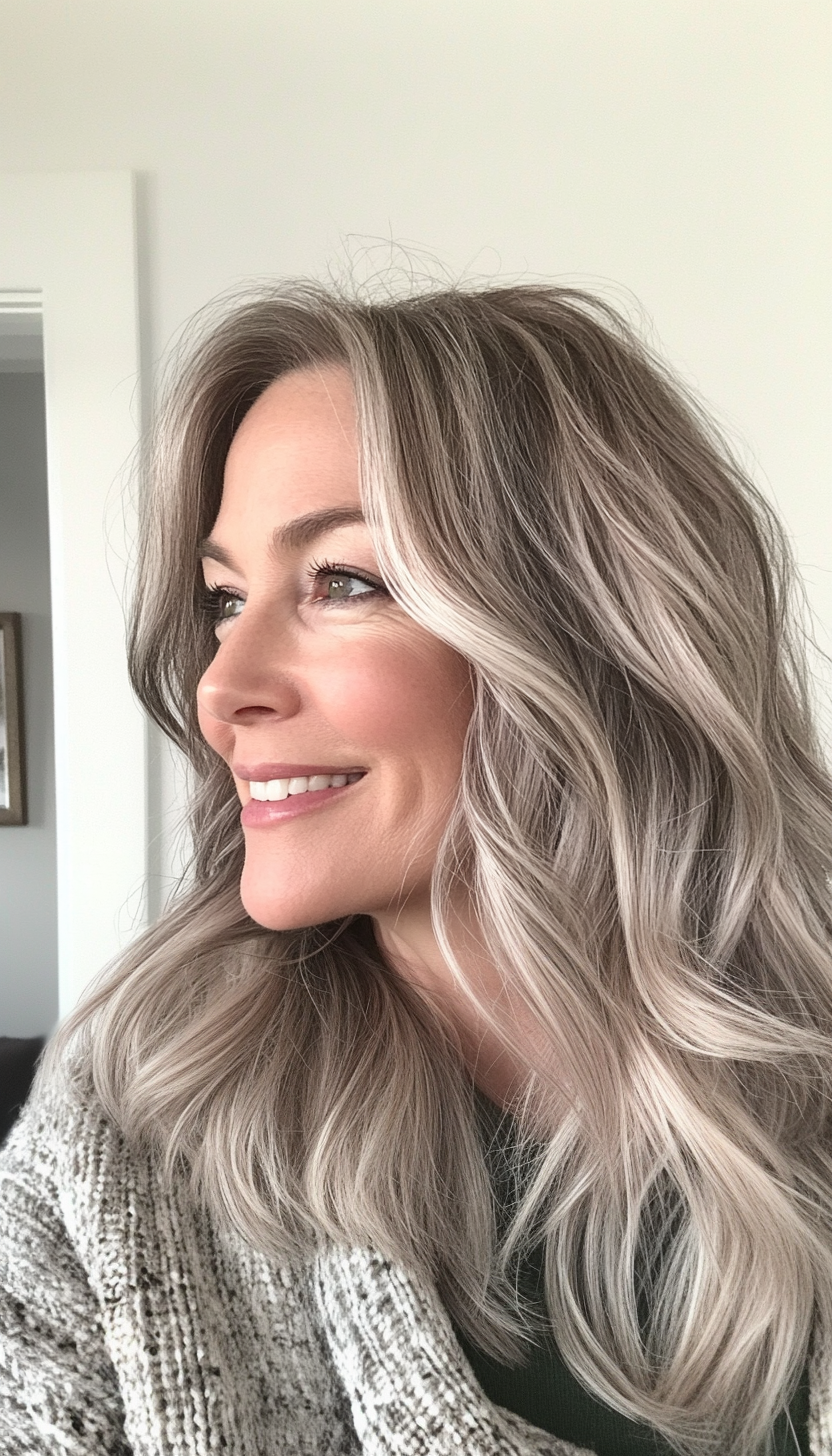 22. Layered Waves with Ashy Brunette Highlights (Layered Hairstyles For Women Over 50) - Layered Hairstyles For Women Over 50