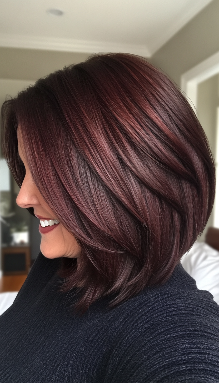 25. Layered Bob with Deep Mahogany (Layered Hairstyles For Women Over 50) - Layered Hairstyles For Women Over 50
