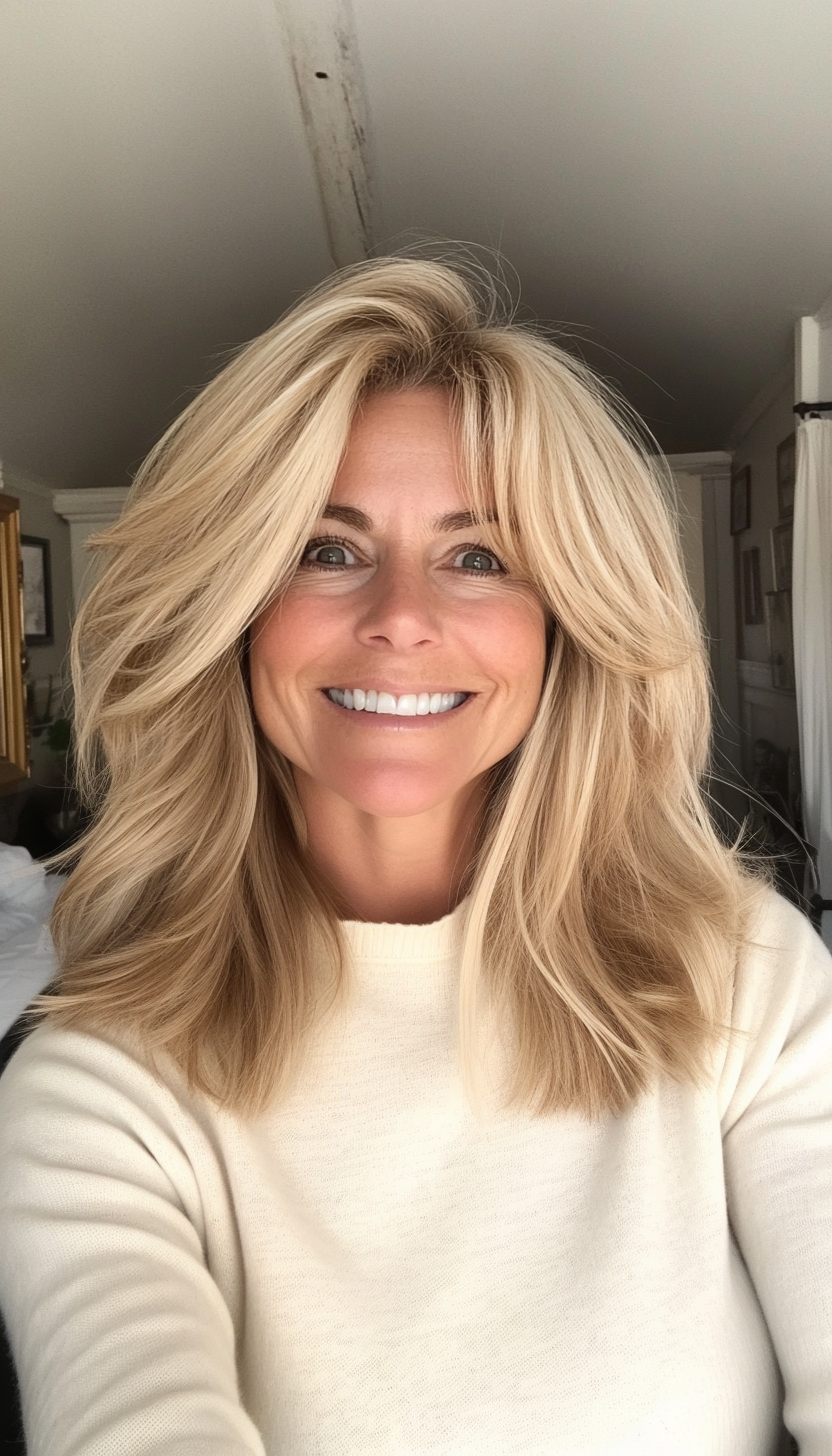 26. Medium Layers with Neutral Blonde (Layered Hairstyles For Women Over 50) - Layered Hairstyles For Women Over 50