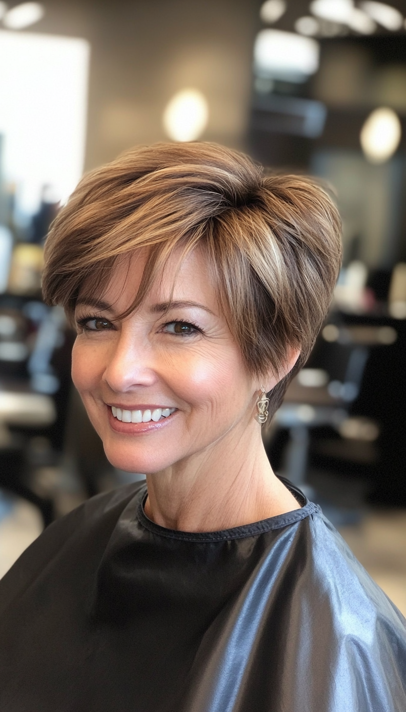 27. Short Layered Crop with Warm Taupe Brown (Layered Hairstyles For Women Over 50) - Layered Hairstyles For Women Over 50