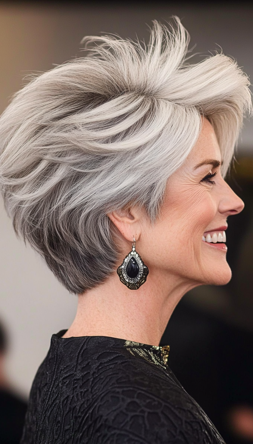 5. Short Layered Shag in Salt and Pepper (Short Haircuts For Women Over 50) - Short Haircuts For Women Over 50