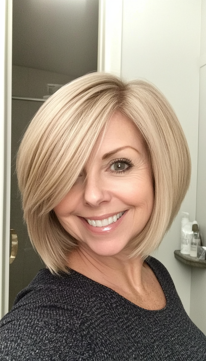 22. Angled Bob in Soft Beige Blonde (Short Haircuts For Women Over 50) - Short Haircuts For Women Over 50