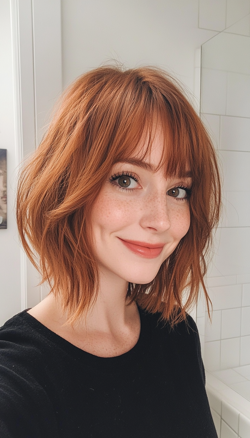 10. Wispy Auburn Bob with Bangs (Bob Hairstyles For Thin Hair) - Bob Hairstyles For Thin Hair