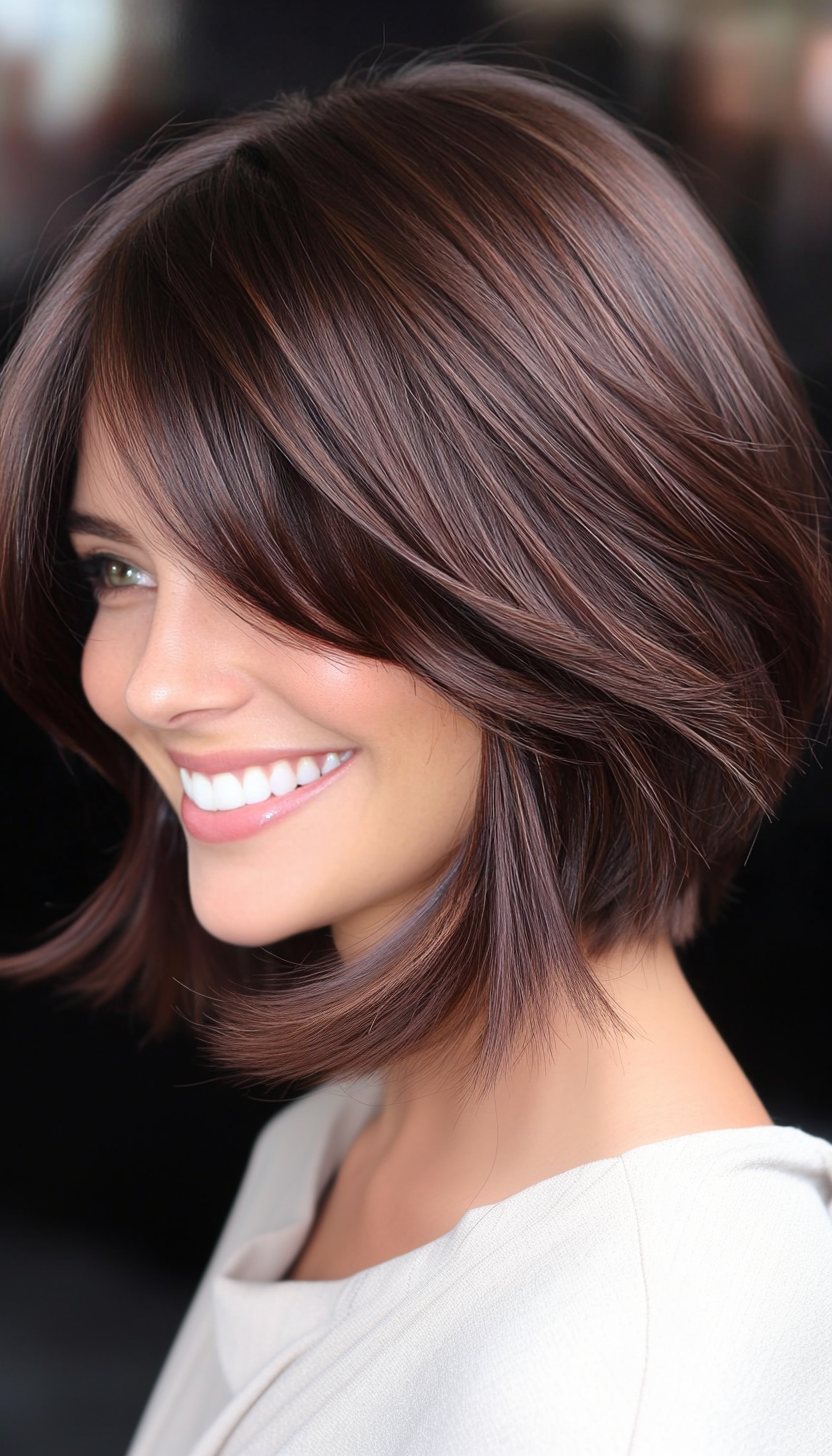 16. Layered Mahogany Bob with Curtain Bangs (Bob Hairstyles For Thin Hair) - Bob Hairstyles For Thin Hair