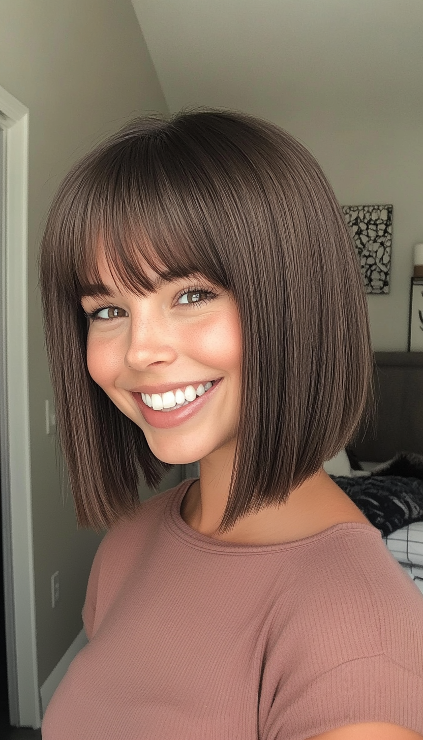 21. Curtain Bangs and Espresso Bob (Bob Hairstyles For Thin Hair) - Bob Hairstyles For Thin Hair