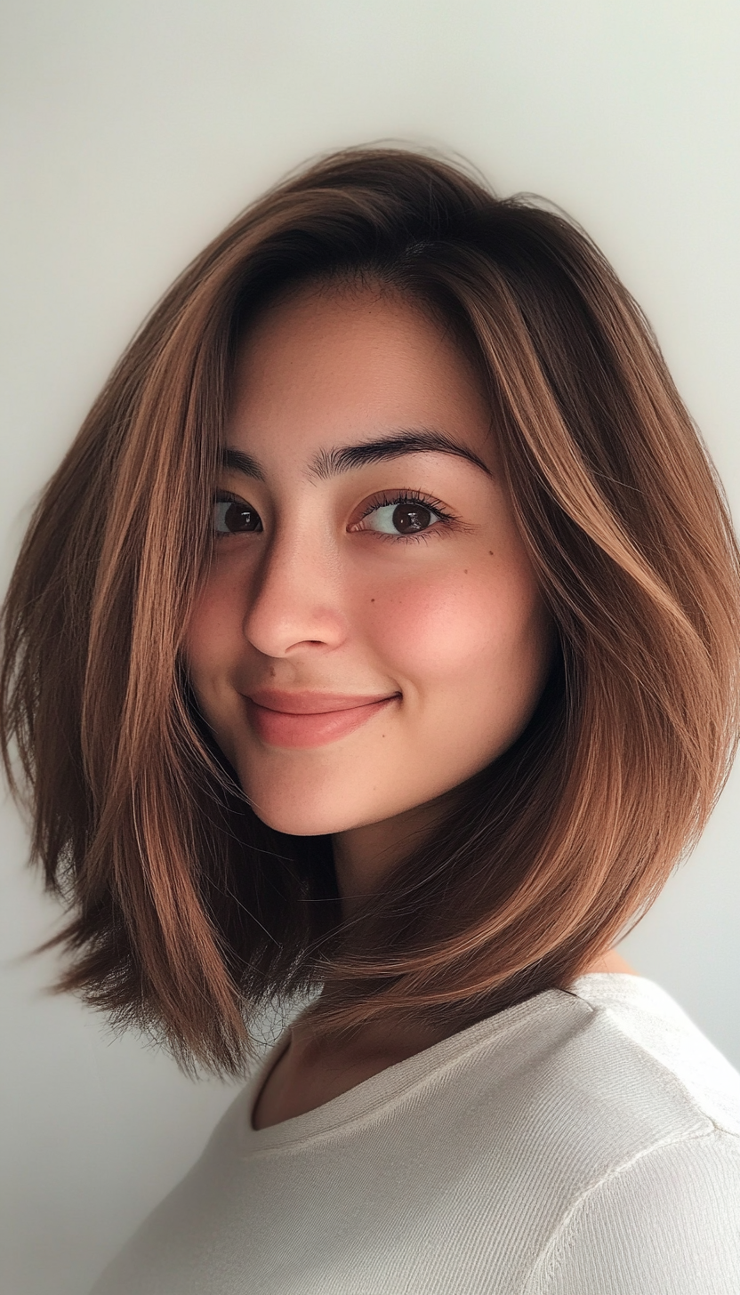 23. Layered Honey Brown Lob (Bob Hairstyles For Thin Hair) - Bob Hairstyles For Thin Hair