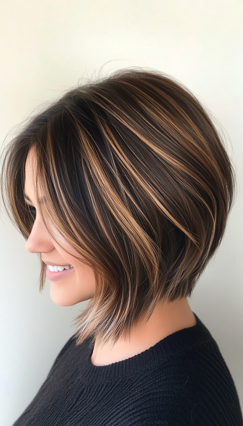 7. Layered Stacked Bob in Caramel Highlights (Short Stacked Haircuts) - Short Stacked Haircuts