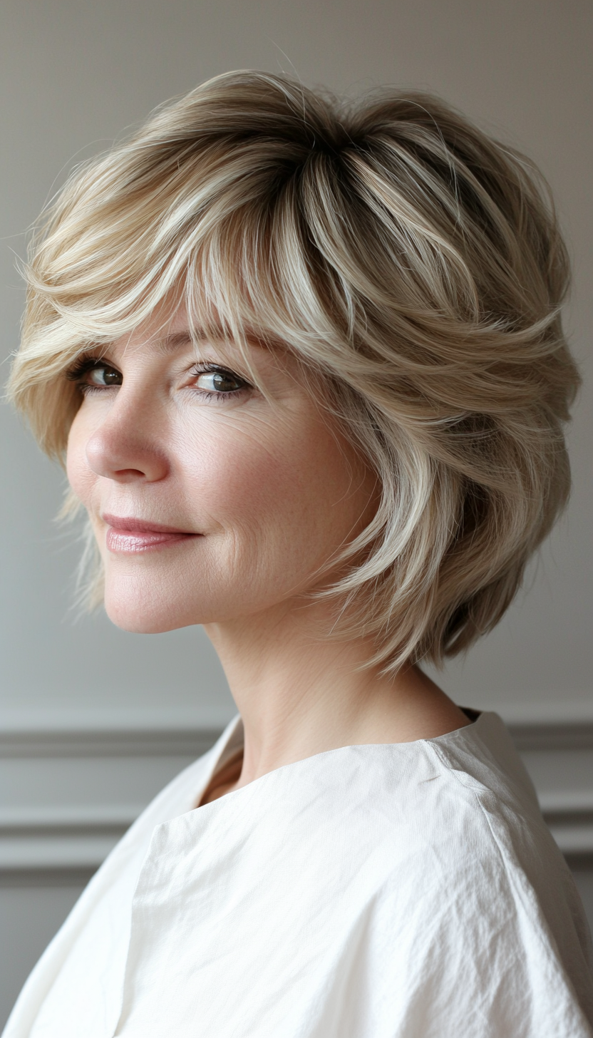 8. Stacked Cut with Bangs in Sandy Blonde (Short Stacked Haircuts) - Short Stacked Haircuts