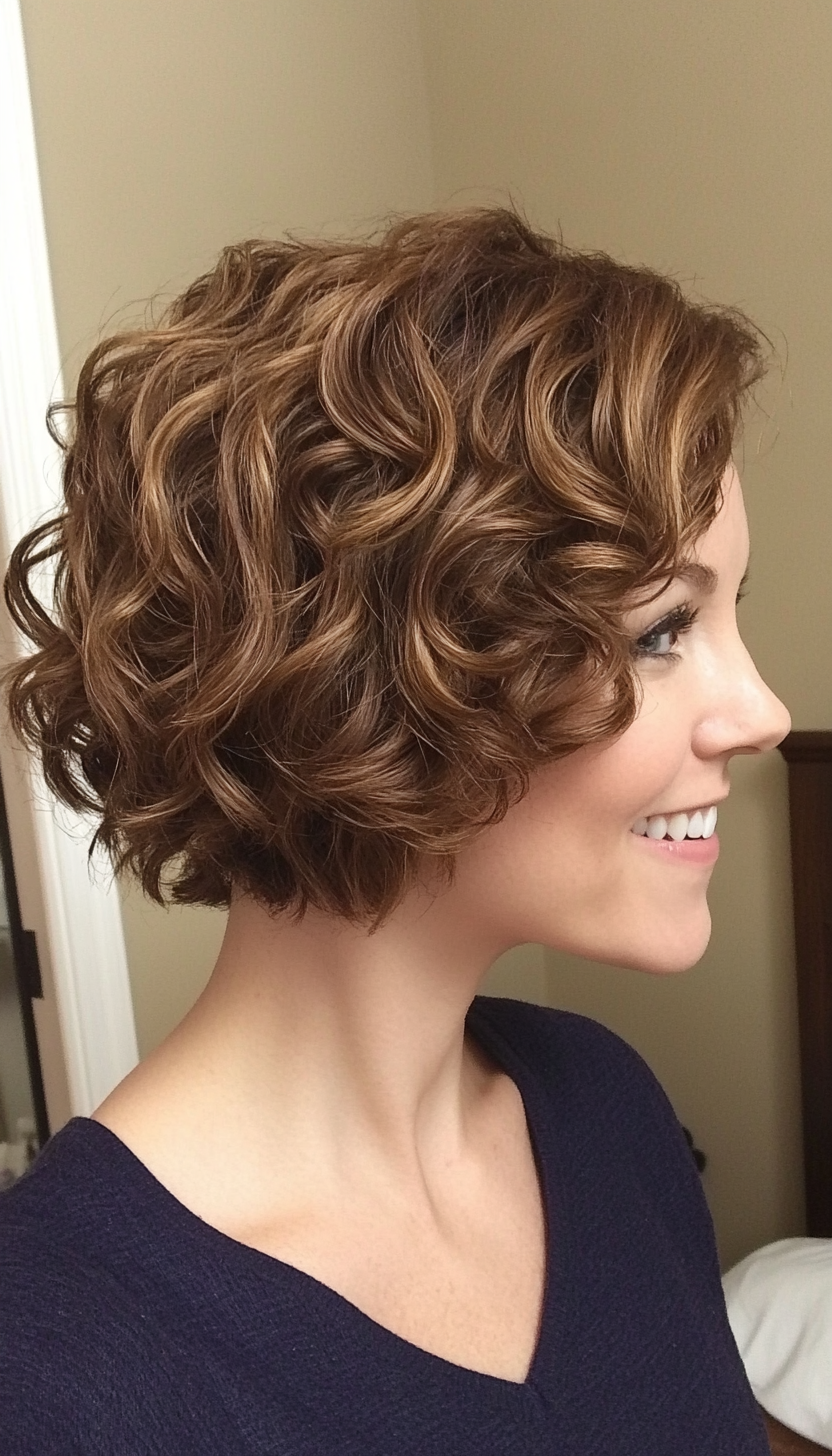 10. Short Curly Stacked Cut in Mocha Brown (Short Stacked Haircuts) - Short Stacked Haircuts
