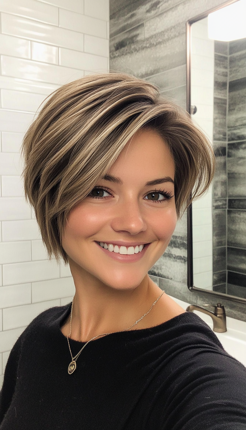 21. Short Angled Stack in Dark Ash Blonde (Short Stacked Haircuts) - Short Stacked Haircuts