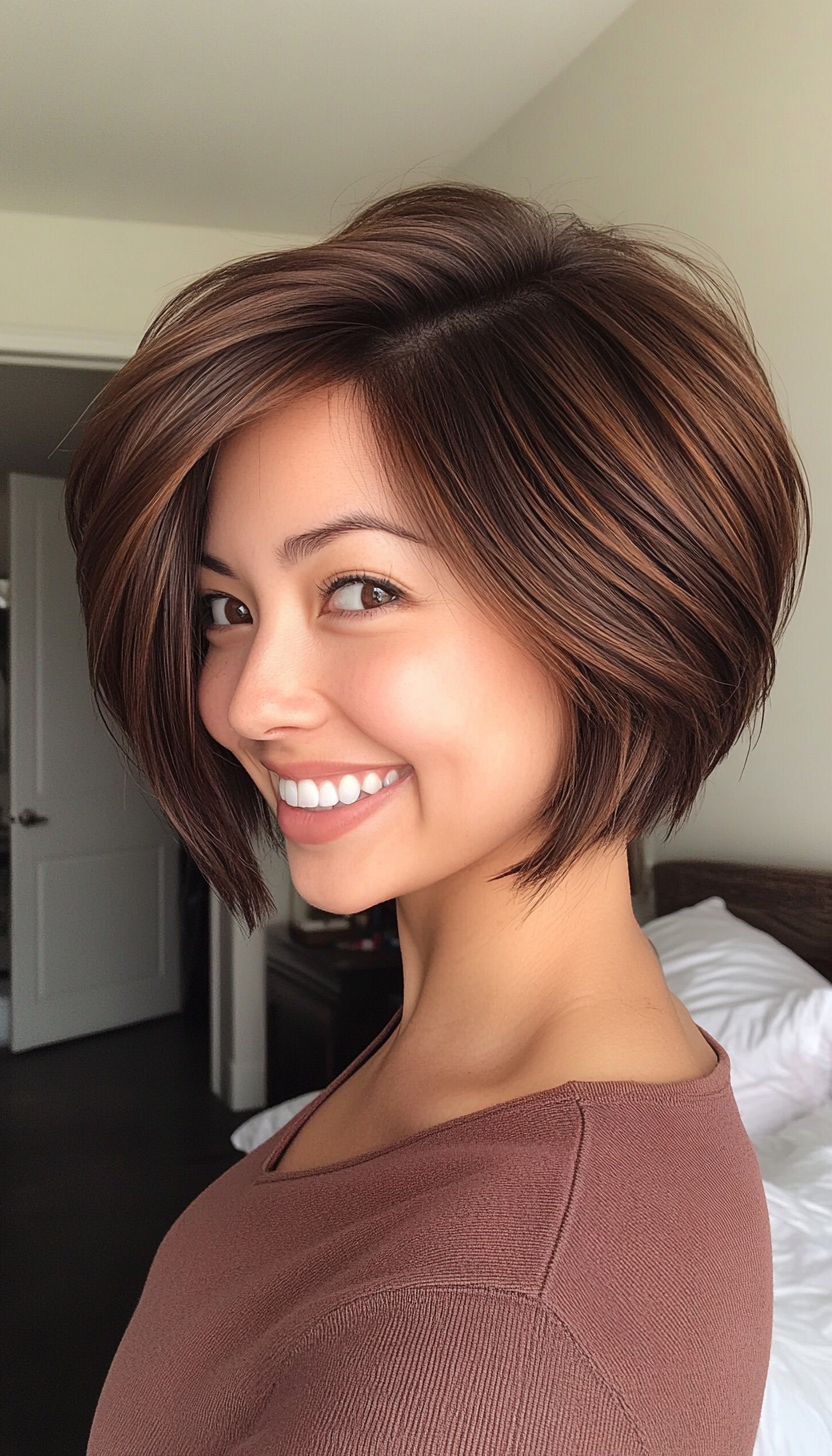 25. Side-Swept Stacked Bob in Amber Brown (Short Stacked Haircuts) - Short Stacked Haircuts