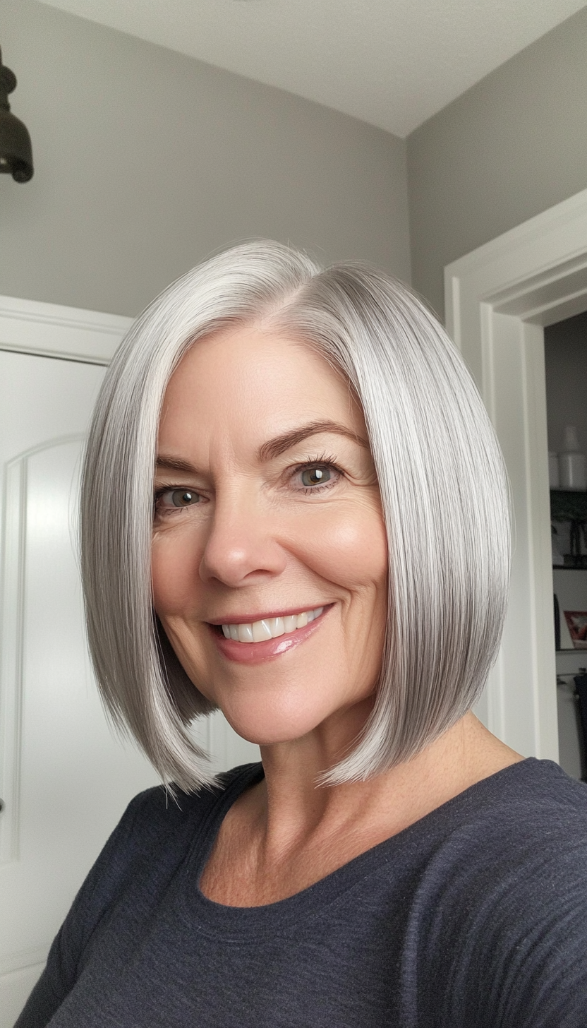 2. Sleek Silver Straight Bob (Bob Hairstyles For Women Over 60) - Bob Hairstyles For Women Over 60