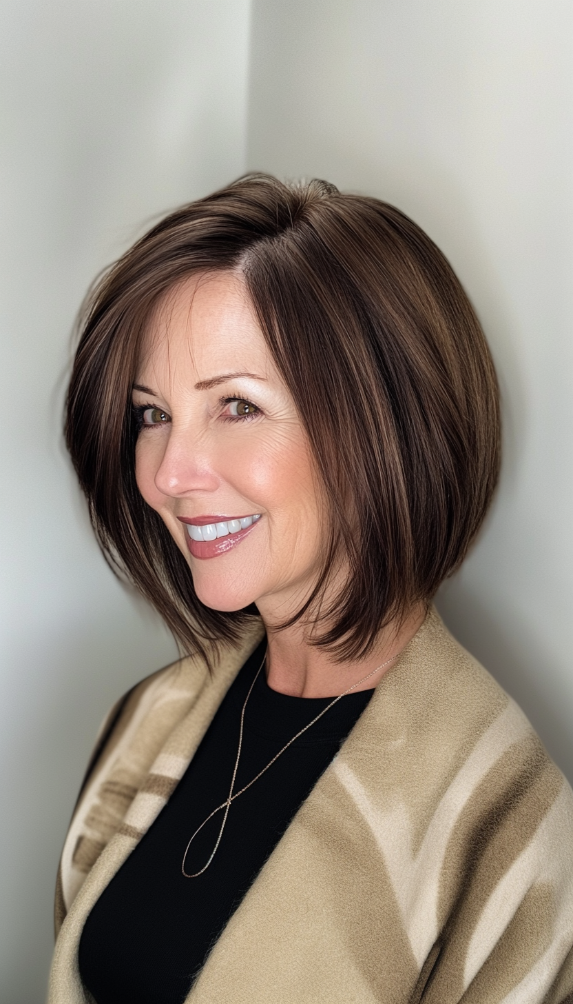 8. Warm Brunette Graduated Bob (Bob Hairstyles For Women Over 60) - Bob Hairstyles For Women Over 60