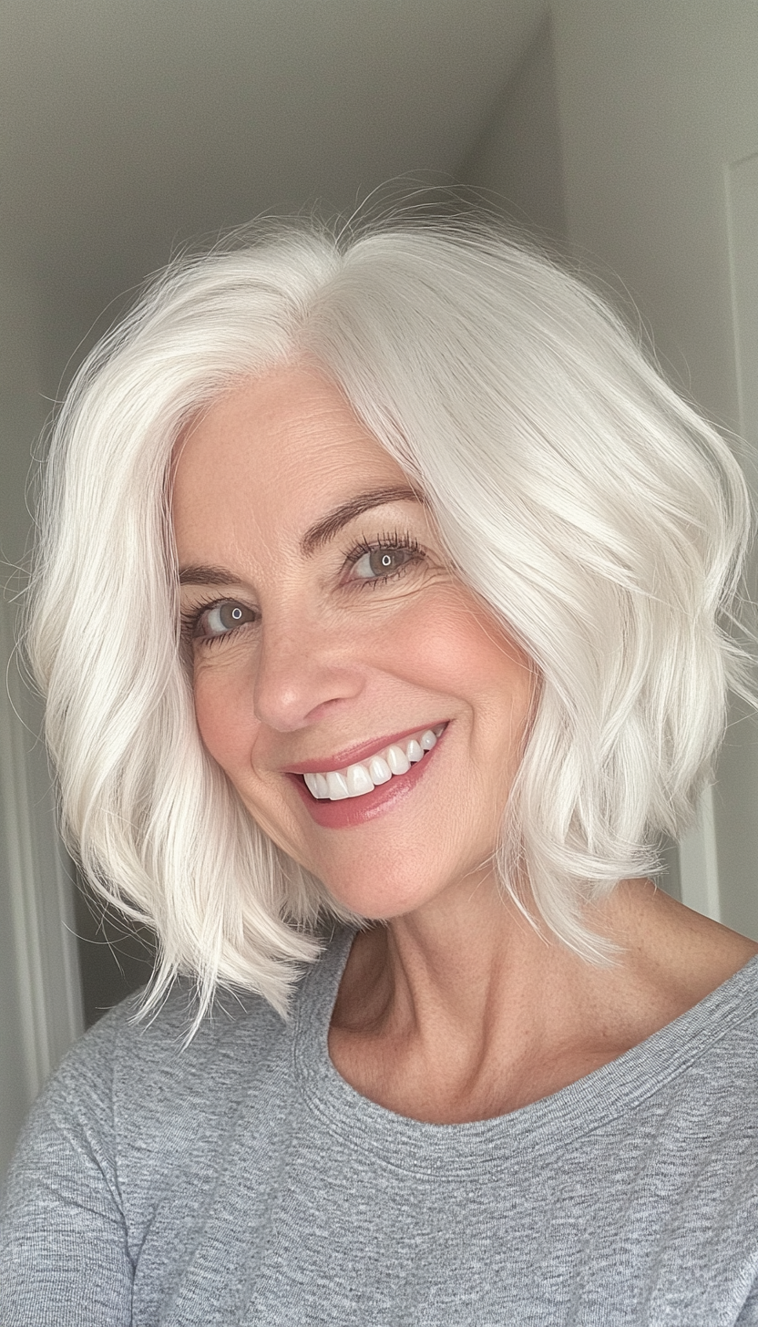 9. Pearl White Soft Wavy Bob (Bob Hairstyles For Women Over 60) - Bob Hairstyles For Women Over 60
