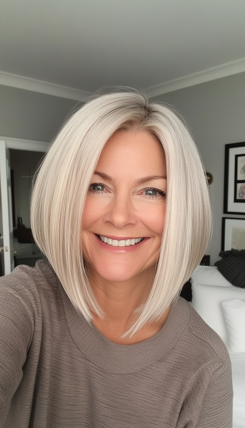 10. Platinum Blonde Asymmetrical Bob (Bob Hairstyles For Women Over 60) - Bob Hairstyles For Women Over 60