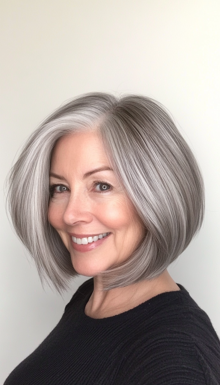 11. Natural Gray Stacked Bob (Bob Hairstyles For Women Over 60) - Bob Hairstyles For Women Over 60