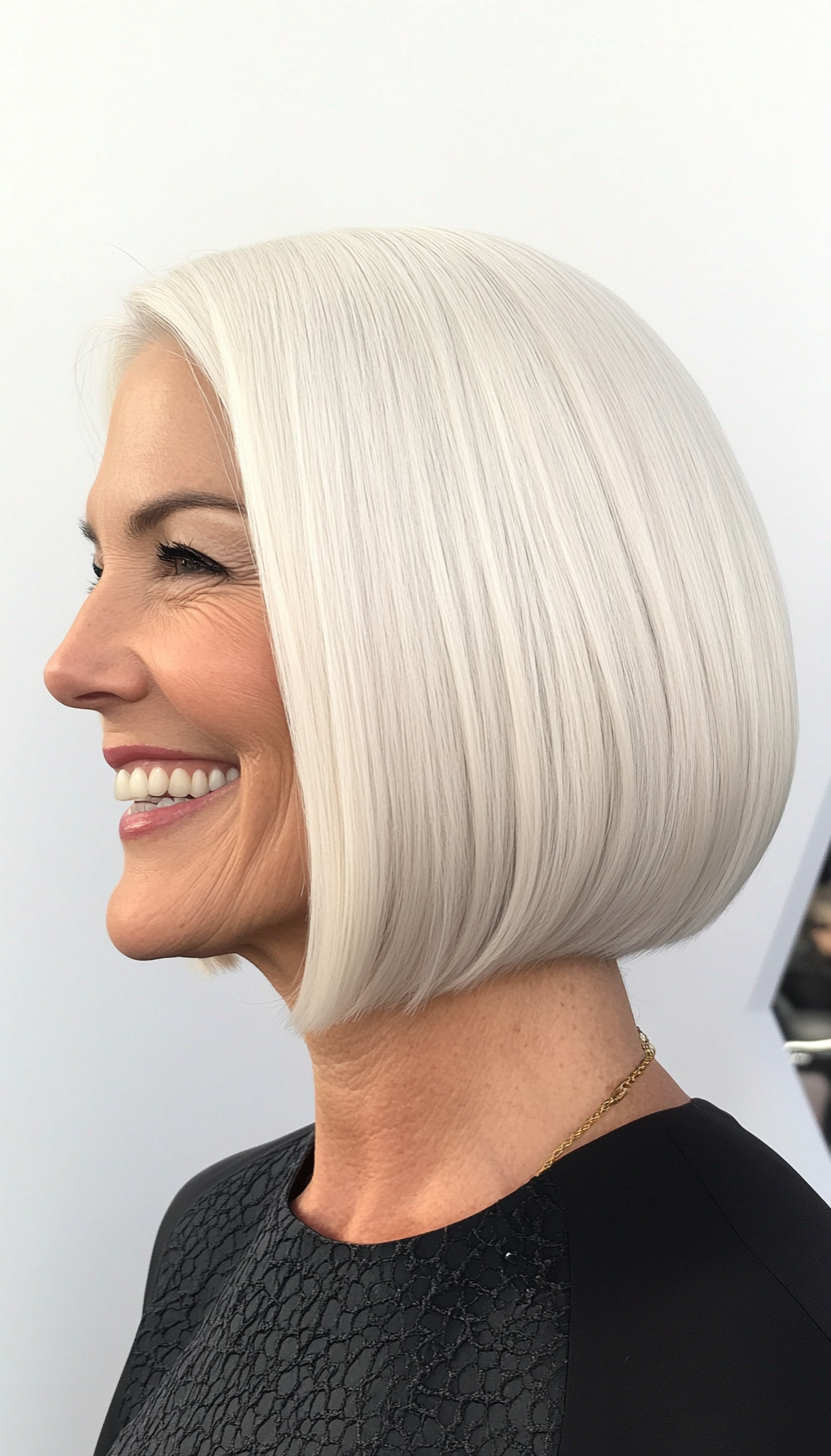16. Ivory White Blunt Cut Bob (Bob Hairstyles For Women Over 60) - Bob Hairstyles For Women Over 60
