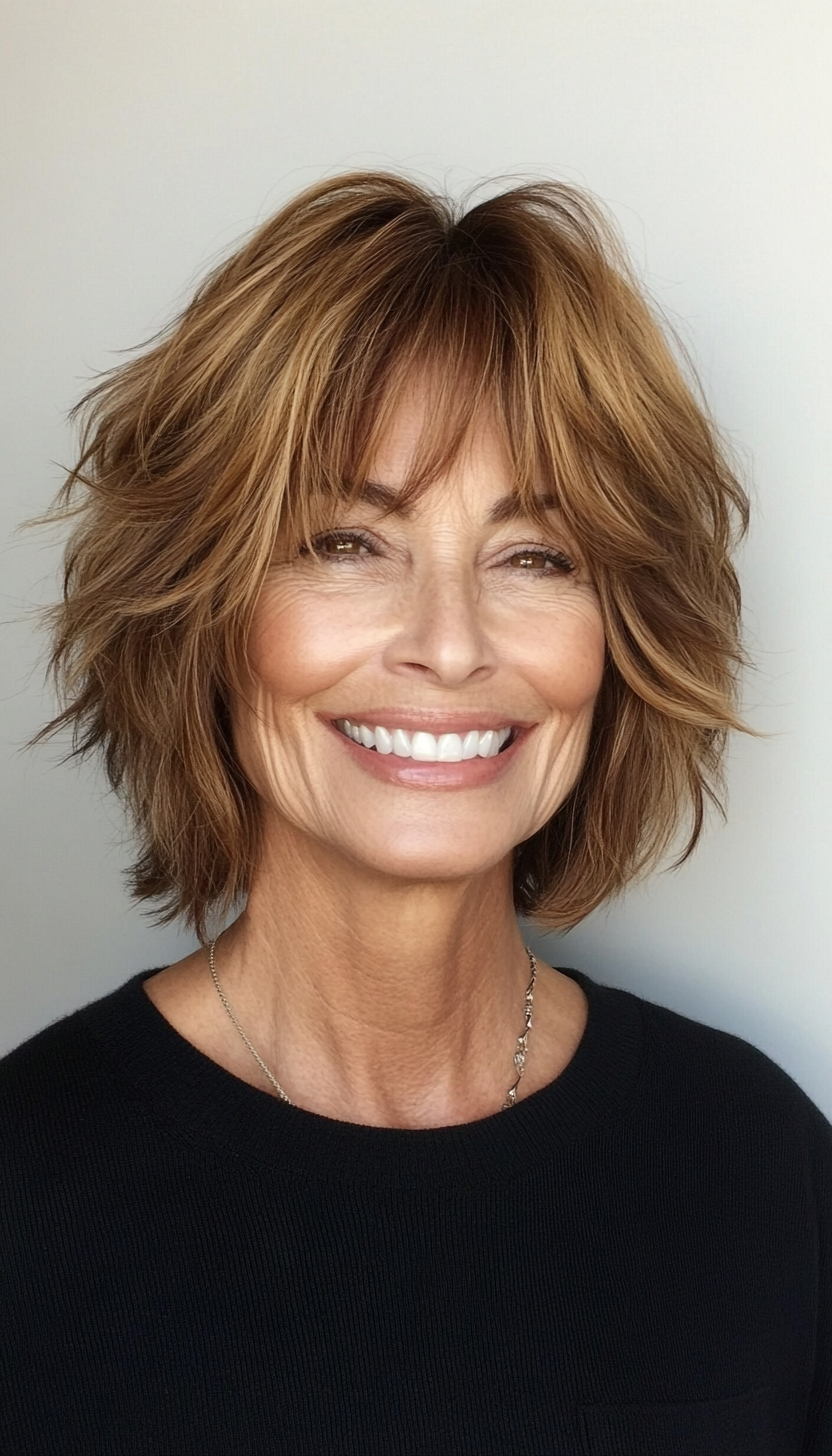 17. Golden Brown Shaggy Bob (Bob Hairstyles For Women Over 60) - Bob Hairstyles For Women Over 60